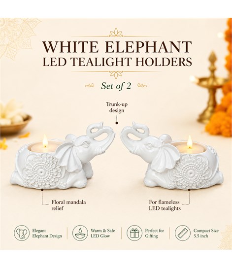 White Elephant Tealight Candle Holders | Set of 2, Ceramic and Resin Mix, 5.5 Inch