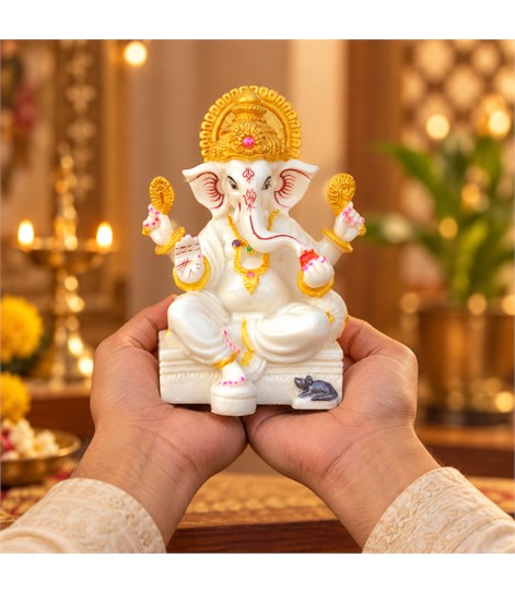 White and Gold Ganesha Idol – 7 Inch Resin Ganpati Murti for Home & Office