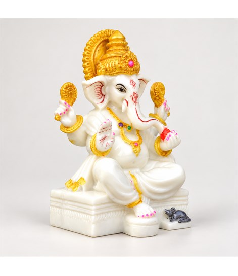 White and Gold Ganesha Idol – 7 Inch Resin Ganpati Murti for Home & Office