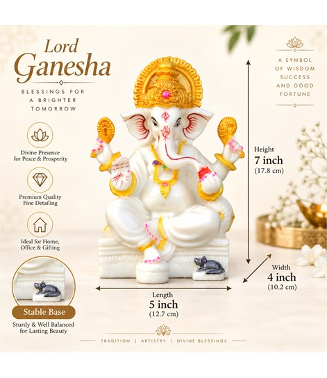 White and Gold Ganesha Idol – 7 Inch Resin Ganpati Murti for Home & Office
