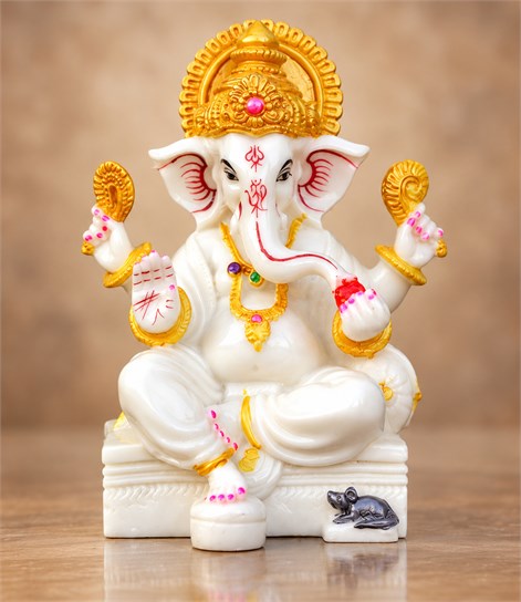 White and Gold Ganesha Idol – 7 Inch Resin Ganpati Murti for Home & Office