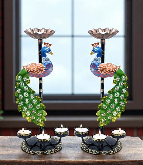 Peacock Tealight Candle Holder Set of 2 – Multicolour Iron Metal Decorative Stands, 4 Candle Slots