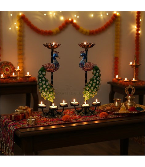 Peacock Tealight Candle Holder Set of 2 – Multicolour Iron Metal Decorative Stands, 4 Candle Slots