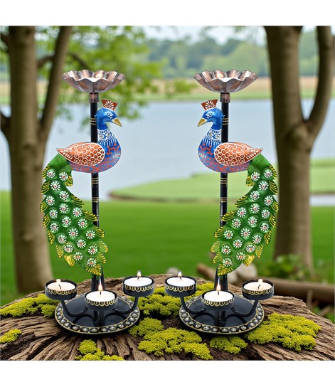 Peacock Tealight Candle Holder Set of 2 – Multicolour Iron Metal Decorative Stands, 4 Candle Slots