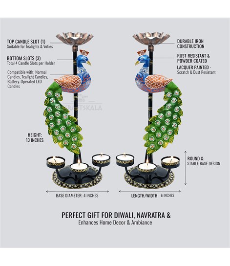 Peacock Tealight Candle Holder Set of 2 – Multicolour Iron Metal Decorative Stands, 4 Candle Slots