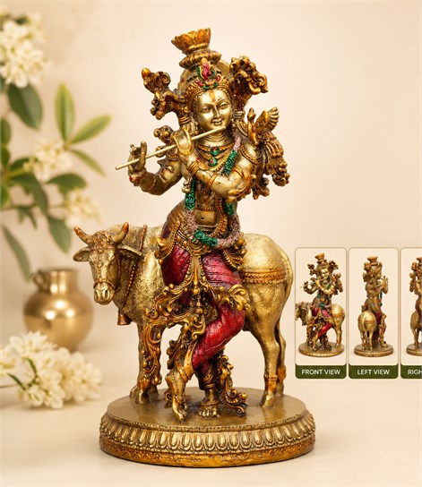 Krishna Cow Idol, 10 Inch Antique Resin Decorative Murti