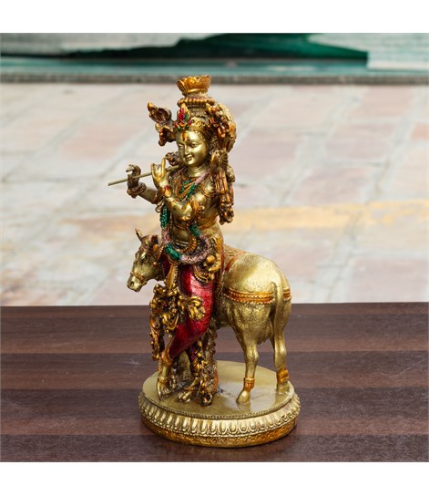 Krishna Cow Idol, 10 Inch Antique Resin Decorative Murti