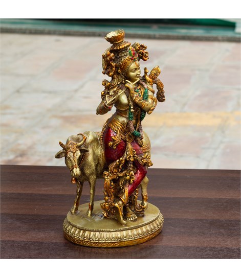 Krishna Cow Idol, 10 Inch Antique Resin Decorative Murti