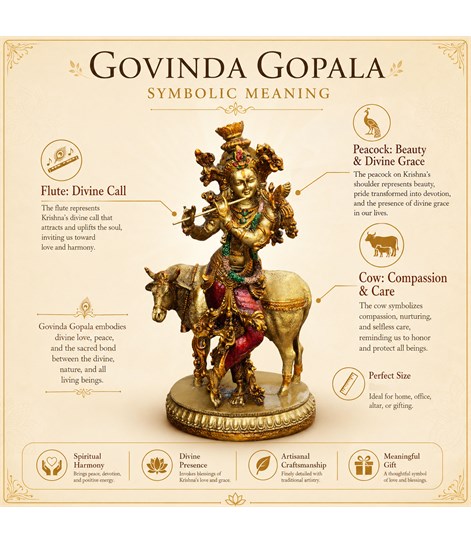Krishna Cow Idol, 10 Inch Antique Resin Decorative Murti