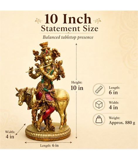Krishna Cow Idol, 10 Inch Antique Resin Decorative Murti