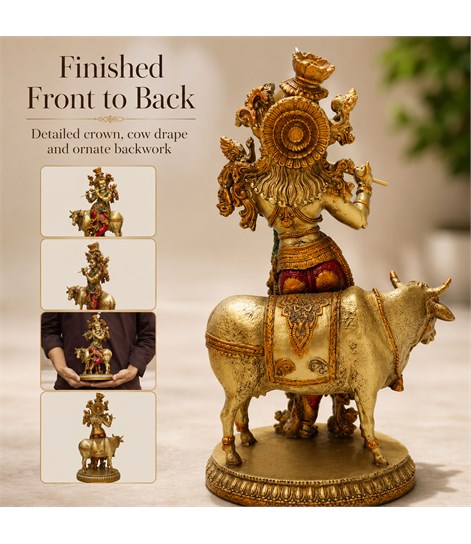 Krishna Cow Idol, 10 Inch Antique Resin Decorative Murti