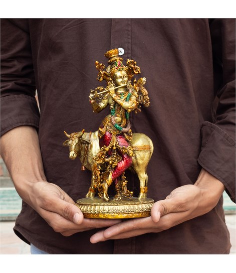 Krishna Cow Idol, 10 Inch Antique Resin Decorative Murti