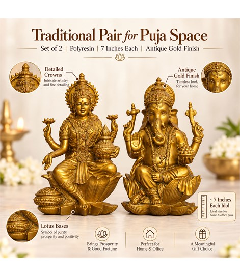 Laxmi Ganesh Idol Set of 2, Antique Gold Polyresin, 7 Inch