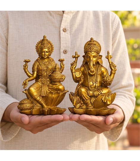 Laxmi Ganesh Idol Set of 2, Antique Gold Polyresin, 7 Inch
