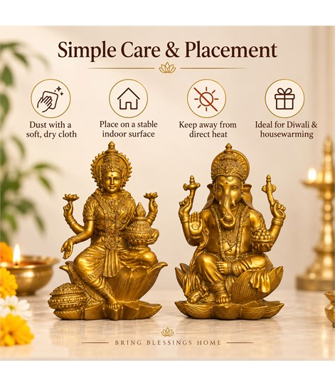 Laxmi Ganesh Idol Set of 2, Antique Gold Polyresin, 7 Inch