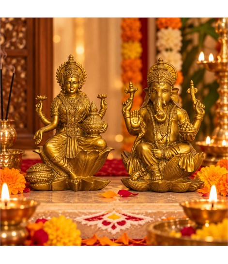 Laxmi Ganesh Idol Set of 2, Antique Gold Polyresin, 7 Inch
