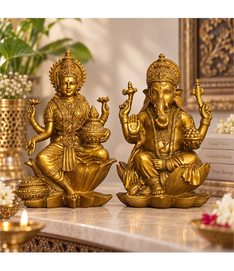 Laxmi Ganesh Idol Set of 2, Antique Gold Polyresin, 7 Inch