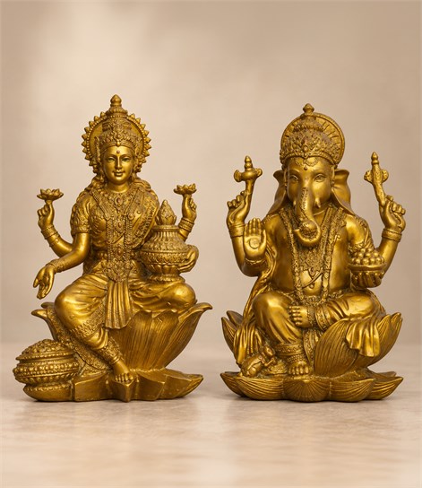 Laxmi Ganesh Idol Set of 2, Antique Gold Polyresin, 7 Inch