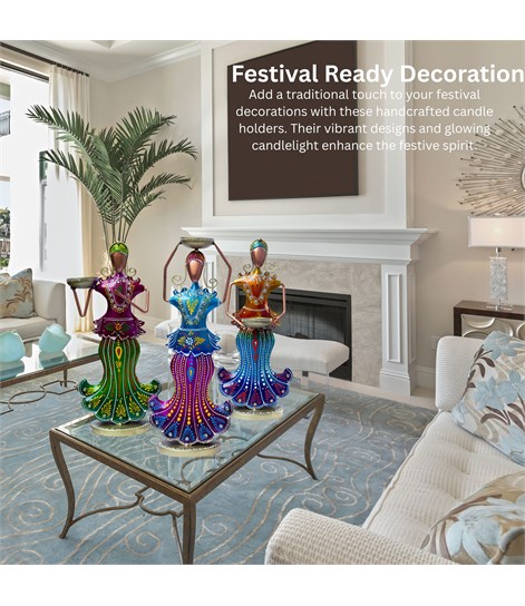Multicolour Metal Doll Tealight Holder Set of 3, Decorative Candle Stands