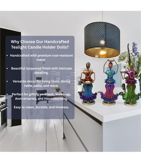 Multicolour Metal Doll Tealight Holder Set of 3, Decorative Candle Stands