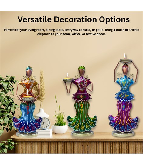 Multicolour Metal Doll Tealight Holder Set of 3, Decorative Candle Stands