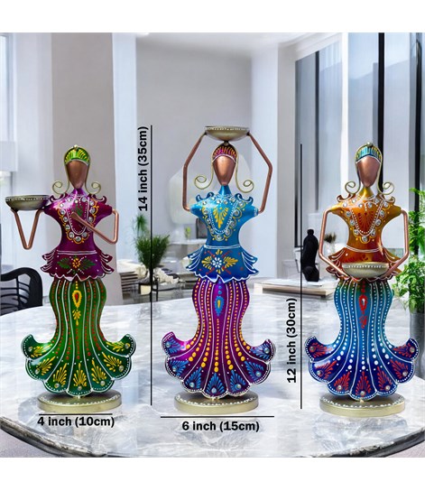 Multicolour Metal Doll Tealight Holder Set of 3, Decorative Candle Stands