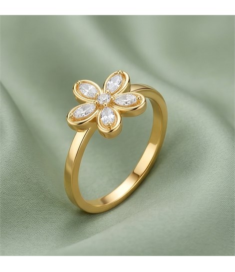 AGOR 925 Sterling Silver Floral Ring, Yellow Gold Finish, Size 7