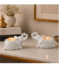 White Elephant Tealight Candle Holders | Set of 2, Ceramic and Resin Mix, 5.5 Inch