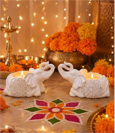 White Elephant Tealight Candle Holders | Set of 2, Ceramic and Resin Mix, 5.5 Inch