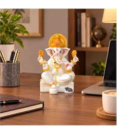 White and Gold Ganesha Idol – 7 Inch Resin Ganpati Murti for Home & Office