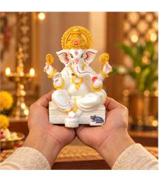 White and Gold Ganesha Idol – 7 Inch Resin Ganpati Murti for Home & Office