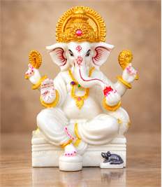 White and Gold Ganesha Idol – 7 Inch Resin Ganpati Murti for Home & Office