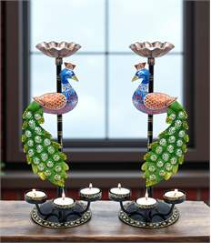 Peacock Tealight Candle Holder Set of 2 – Multicolour Iron Metal Decorative Stands, 4 Candle Slots