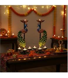 Peacock Tealight Candle Holder Set of 2 – Multicolour Iron Metal Decorative Stands, 4 Candle Slots