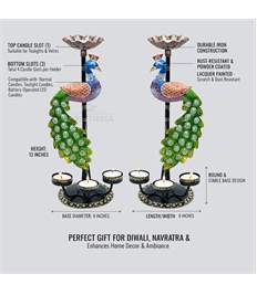 Peacock Tealight Candle Holder Set of 2 – Multicolour Iron Metal Decorative Stands, 4 Candle Slots