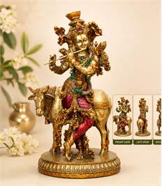 Krishna Cow Idol, 10 Inch Antique Resin Decorative Murti