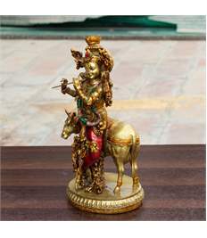 Krishna Cow Idol, 10 Inch Antique Resin Decorative Murti