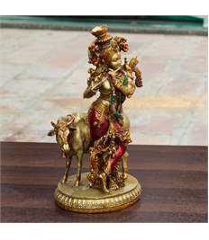 Krishna Cow Idol, 10 Inch Antique Resin Decorative Murti