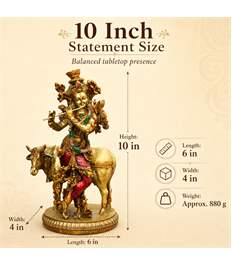 Krishna Cow Idol, 10 Inch Antique Resin Decorative Murti