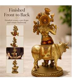 Krishna Cow Idol, 10 Inch Antique Resin Decorative Murti