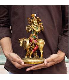 Krishna Cow Idol, 10 Inch Antique Resin Decorative Murti