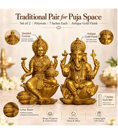 Laxmi Ganesh Idol Set of 2, Antique Gold Polyresin, 7 Inch