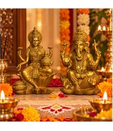 Laxmi Ganesh Idol Set of 2, Antique Gold Polyresin, 7 Inch
