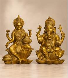 Laxmi Ganesh Idol Set of 2, Antique Gold Polyresin, 7 Inch