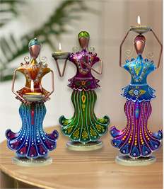 Multicolour Metal Doll Tealight Holder Set of 3, Decorative Candle Stands