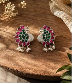 Mayuri Ruby Pink Peacock Stud Earrings with Pearl Drops