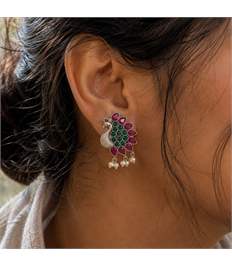 Mayuri Ruby Pink Peacock Stud Earrings with Pearl Drops